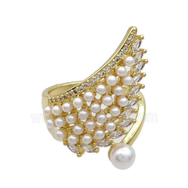 Copper Ring Pave Pearlized Plastic Angel Wings Gold Plated