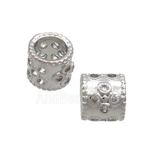 Copper Tube Beads Pave Zircon Large Hole Platinum Plated