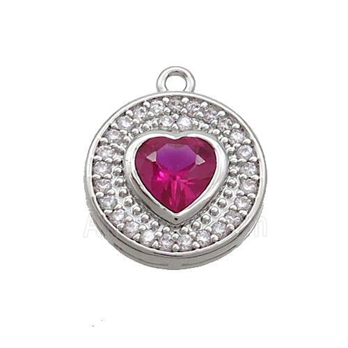 Copper Circle Pendant Pave Zircon Red Heart Platinum Plated