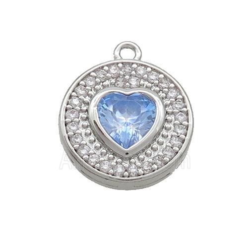 Copper Circle Pendant Pave Zircon Blue Heart Platinum Plated