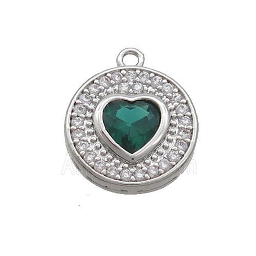 Copper Circle Pendant Pave Zircon Green Heart Platinum Plated