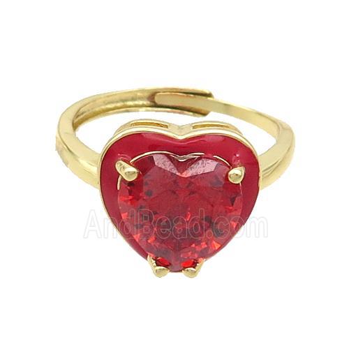 Copper Rings Pave Red Crystal Glass Enamel Heart Adjustable Gold Plated