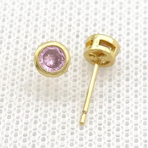 Copper Stud Earrings Pave Pink Zircon Gold Plated