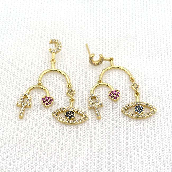 Copper Stud Earrings Pave Zircon Eye Gold Plated