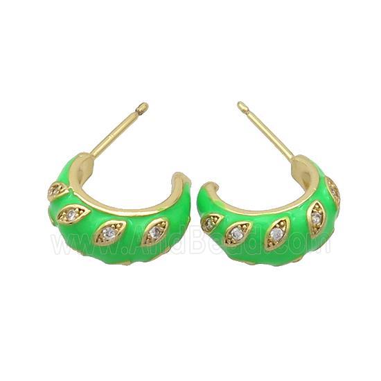 Copper Stud Earrings Pave Zircon Green Enamel Gold Plated