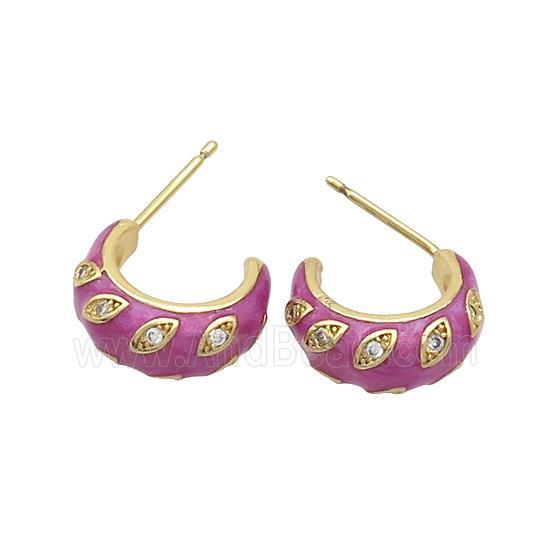 Copper Stud Earrings Pave Zircon Fuchsia Enamel Gold Plated