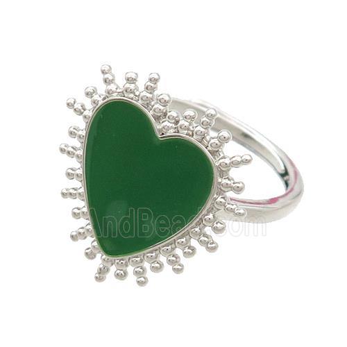 Copper Rings Heart Green Enamel Adjustable Platinum Plated