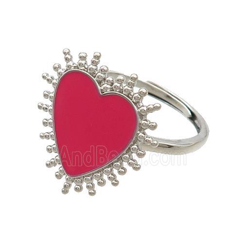 Copper Rings Heart Red Enamel Adjustable Platinum Plated