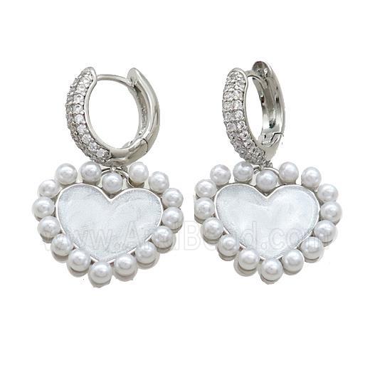 Copper Hoop Earring Pave Zircon Heart Pearlized Resin Platinum Plated