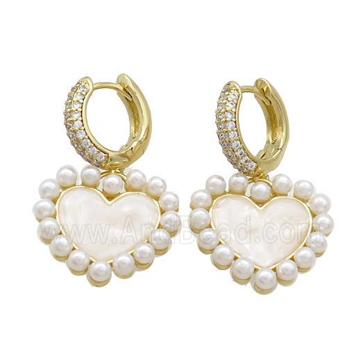 Copper Hoop Earring Pave Zircon Heart Pearlized Resin Gold Plated