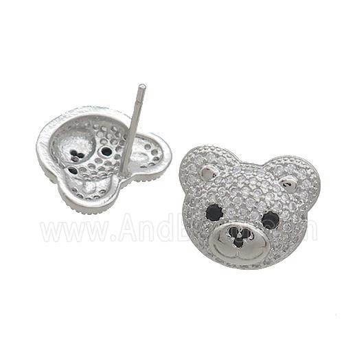Copper Stud Earrings Pave Zircon Bear Platinum Plated
