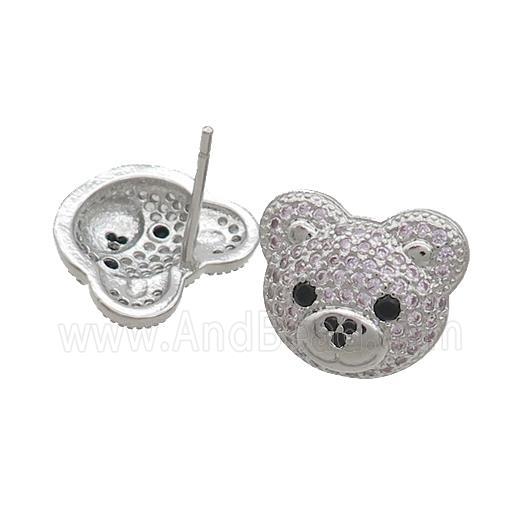 Copper Stud Earrings Pave Pink Zircon Bear Platinum Plated