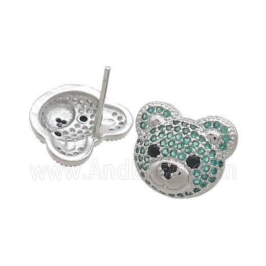 Copper Stud Earrings Pave Green Zircon Bear Platinum Plated