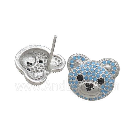 Copper Stud Earrings Pave Turqblue Zircon Bear Platinum Plated