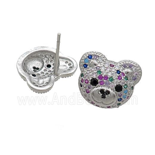 Copper Stud Earrings Pave Multicolor Zircon Bear Platinum Plated