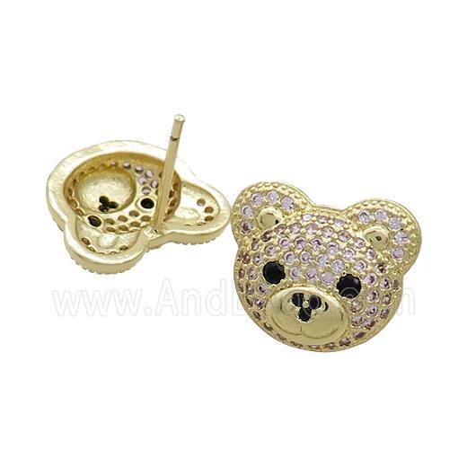 Copper Stud Earrings Pave Pink Zircon Bear Gold Plated