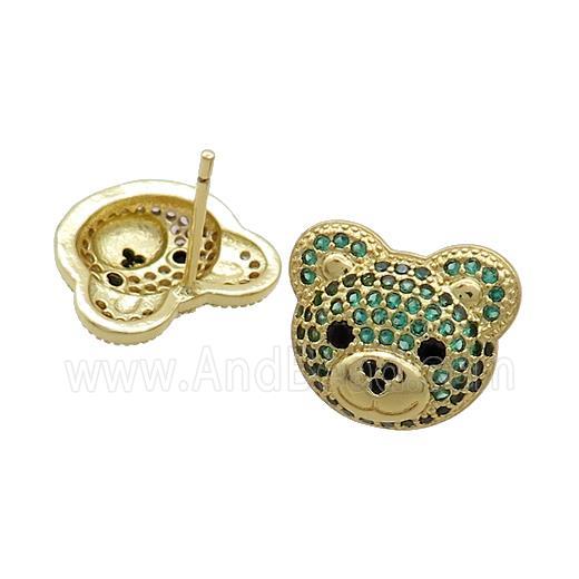 Copper Stud Earrings Pave Green Zircon Bear Gold Plated