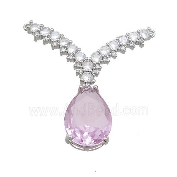Copper Pendant Pave Pink Crystal Glass Teardrop 2loops Platinum Plated