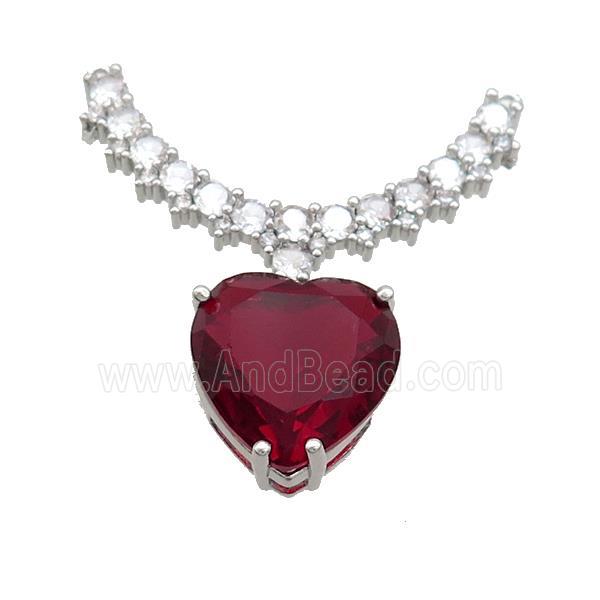 Copper Pendant Pave Red Crystal Glass Heart 2loops Platinum Plated