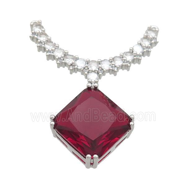Copper Pendant Pave Red Crystal Glass Square 2loops Platinum Plated