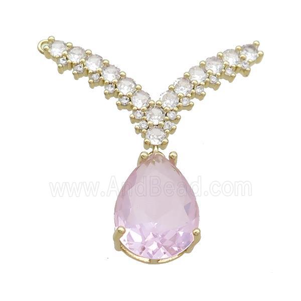 Copper Pendant Pave Pink Crystal Glass Teardrop 2loops Gold Plated