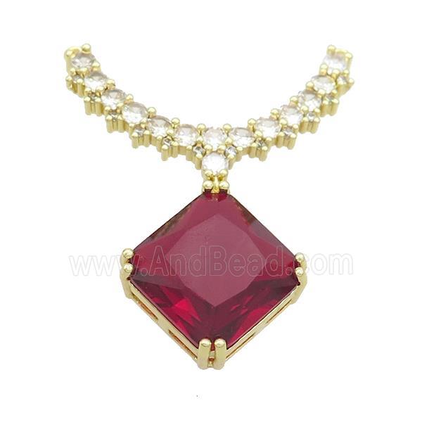 Copper Pendant Pave Red Crystal Glass Square 2loops Gold Plated