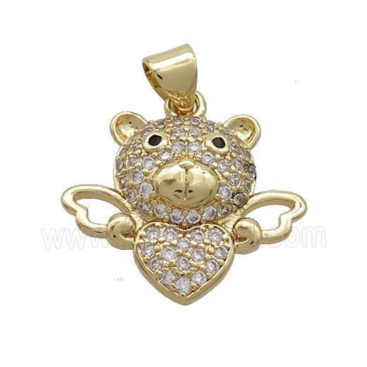Copper Bear Pendant Pave Zircon Angel Wings Gold Plated