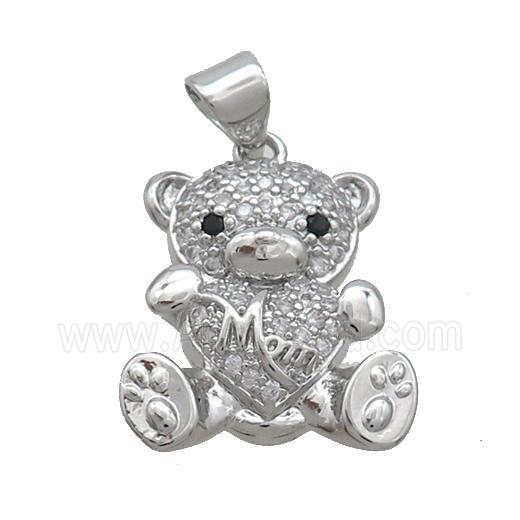Copper Bear Pendant Pave Zircon Heart Mom Platinum Plated