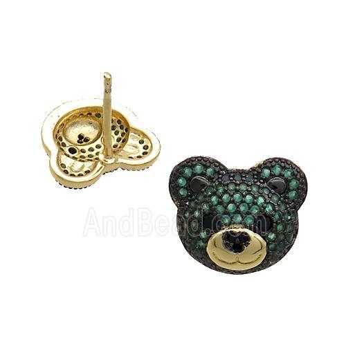 Copper Bear Stud Earrings Pave Green Zircon Gold Plated