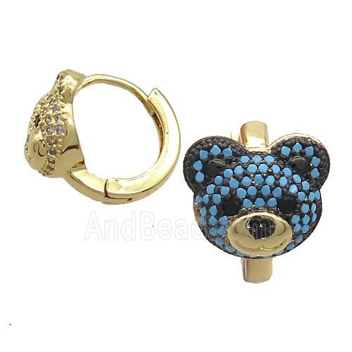 Copper Hoop Earrings Pave Turqblue Zircon Bear Gold Plated