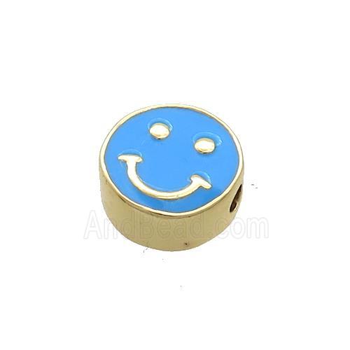 Copper Emoji Beads Blue Enamel Happy Face Gold Plated