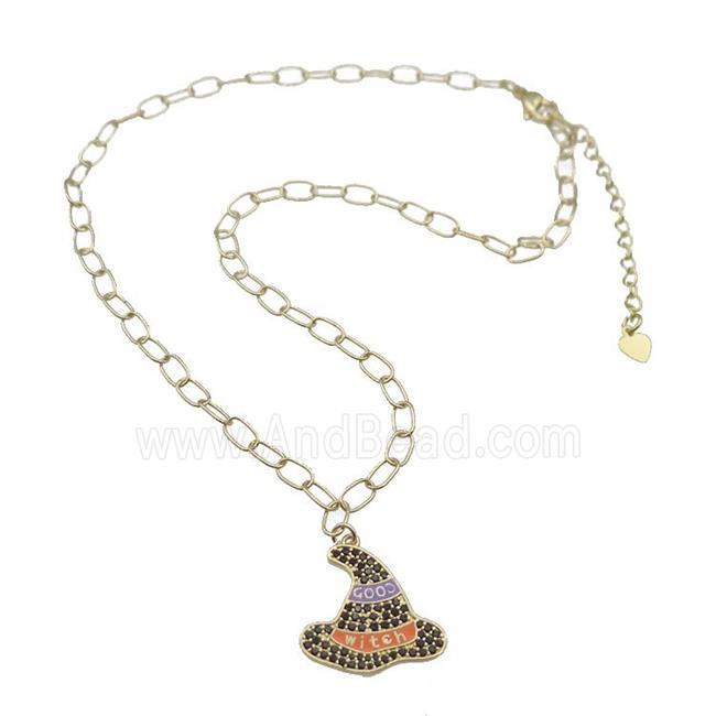 Copper Necklace With Halloween Witch Hat Charms Pave Zircon Gold Plated