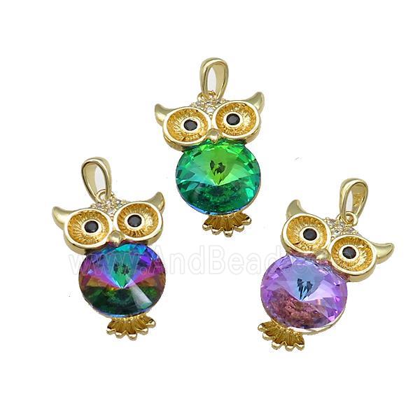 Copper Owl Charms Pendant Pave Crystal Glass Birds Gold Plated