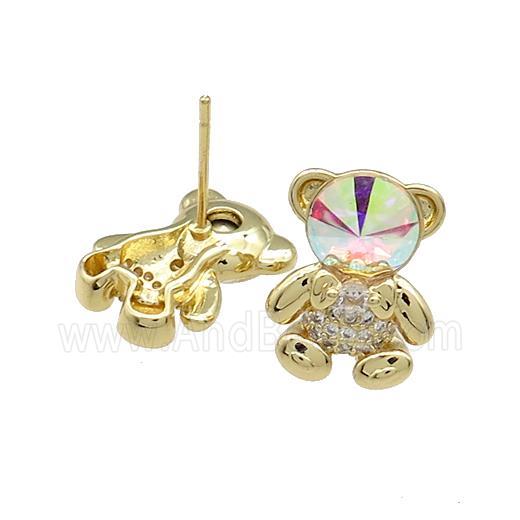 Copper Bear Stud Earrings Pave Zircon Crystal Glass Gold Plated
