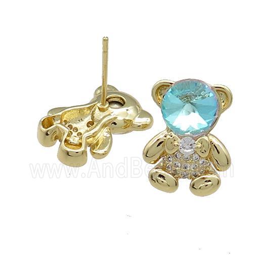 Copper Bear Stud Earrings Pave Zircon Crystal Glass Gold Plated