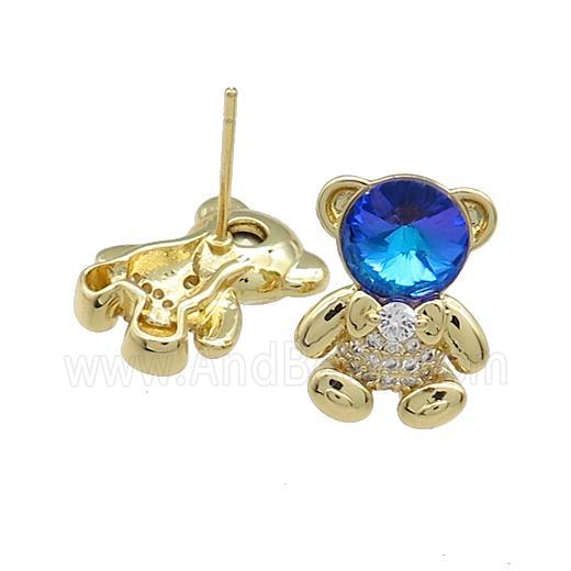 Copper Bear Stud Earrings Pave Zircon Crystal Glass Gold Plated