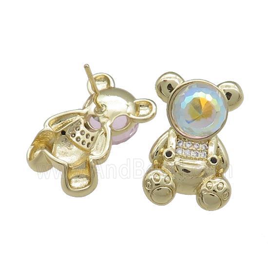 Copper Bear Stud Earrings Pave Zircon Crystal Glass Gold Plated