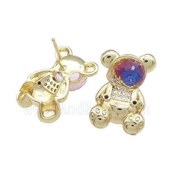 Copper Bear Stud Earrings Pave Zircon Crystal Glass Gold Plated