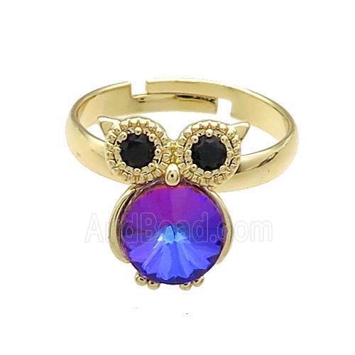Copper Owl Rings Pave Crystal Glass Zircon Adjustable Gold Plated