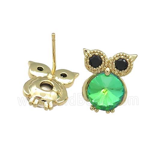 Copper Owl Stud Earrings Pave Crystal Glass Zircon Gold Plated