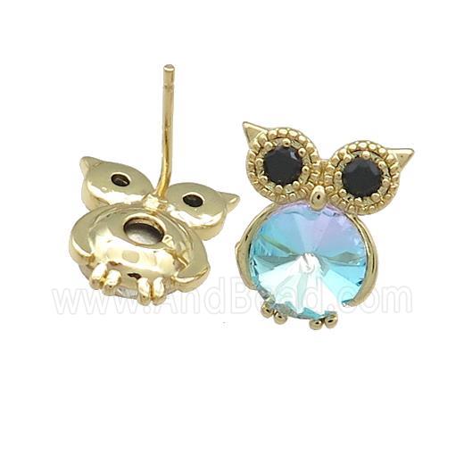 Copper Owl Stud Earrings Pave Crystal Glass Zircon Gold Plated