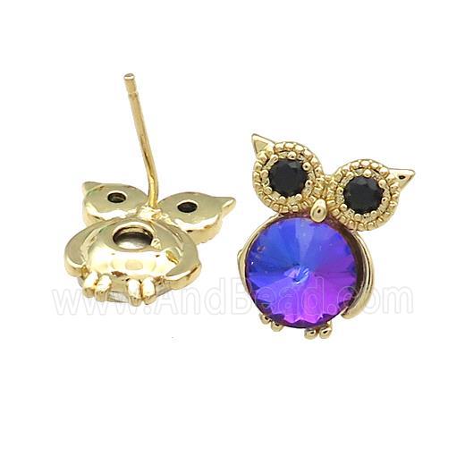 Copper Owl Stud Earrings Pave Crystal Glass Zircon Gold Plated