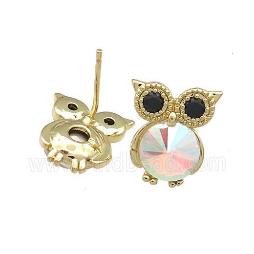 Copper Owl Stud Earrings Pave Crystal Glass Zircon Gold Plated