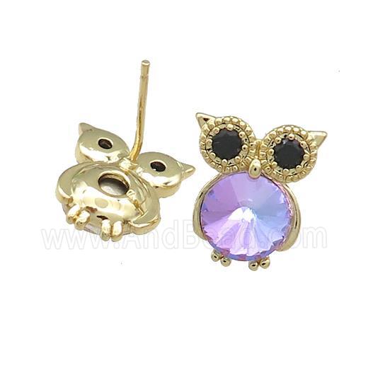 Copper Owl Stud Earrings Pave Crystal Glass Zircon Gold Plated
