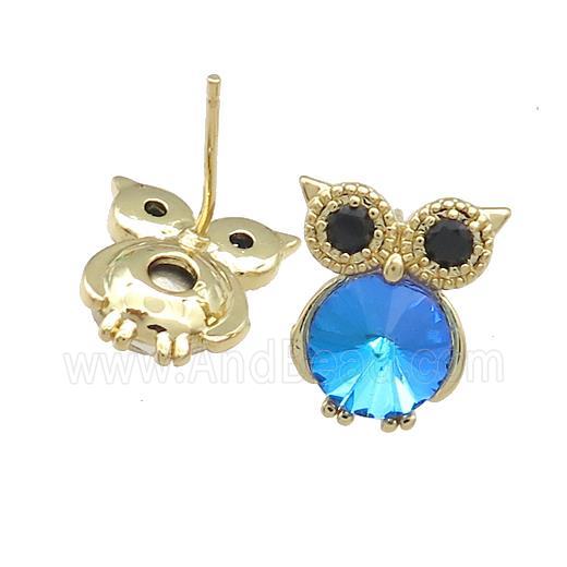 Copper Owl Stud Earrings Pave Crystal Glass Zircon Gold Plated