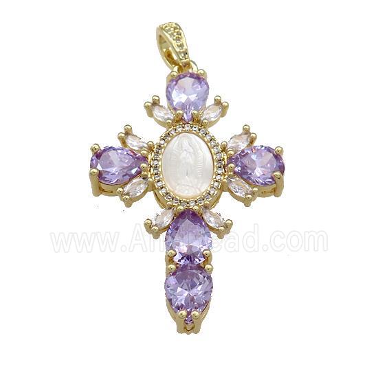 Copper Cross Pendant Pave Purple Zircon Shell Gold Plated