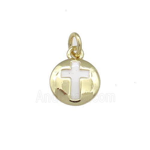 Copper Cross Pendant White Enamel Circle Gold Plated
