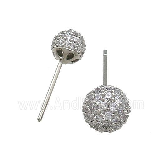 Copper Stud Earrings Pave Zircon Ball Platinum Plated