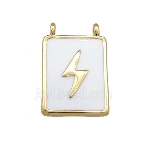 Copper Rectangle Pendant White Enamel Lightning 2loops Gold Plated