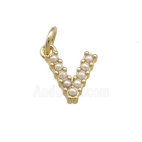 Copper Letter-V Pendant Pave Pearlized Resin Gold Plated